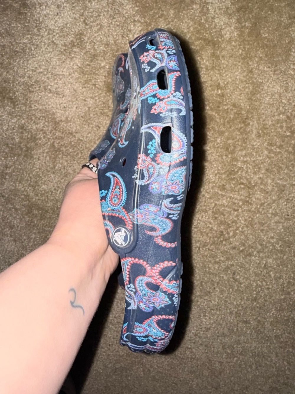 CROCS Navy Paisley Slip-On Clogs - Picture 2 of 5